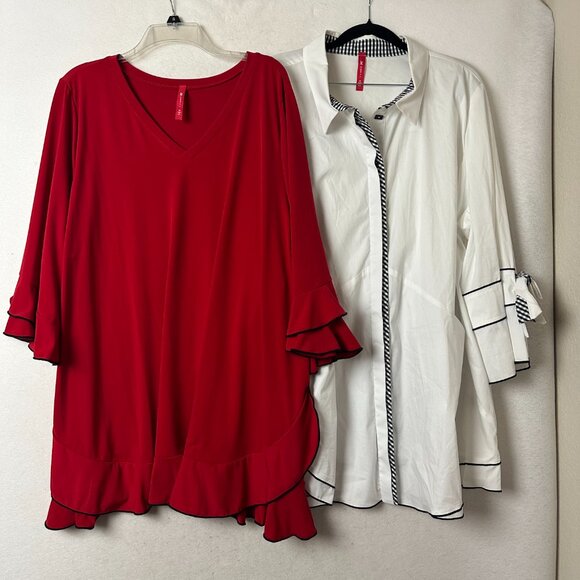 Lot of 2 IC by Connie K top tunic sz 3X white black bows and red ruffle sleeves - Picture 11 of 12
